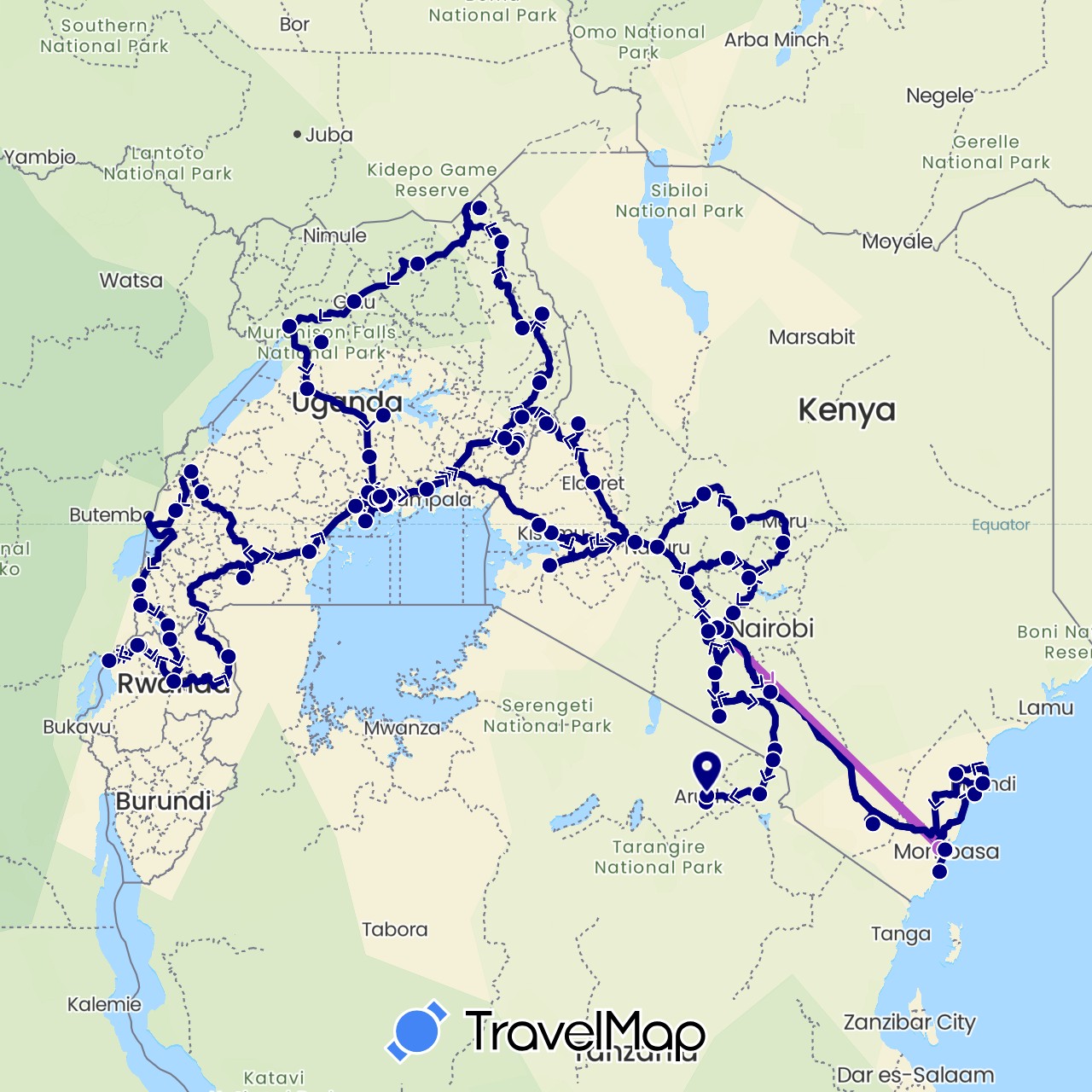 TravelMap itinerary: driving, train in Kenya, Rwanda, Tanzania, Uganda (Africa)